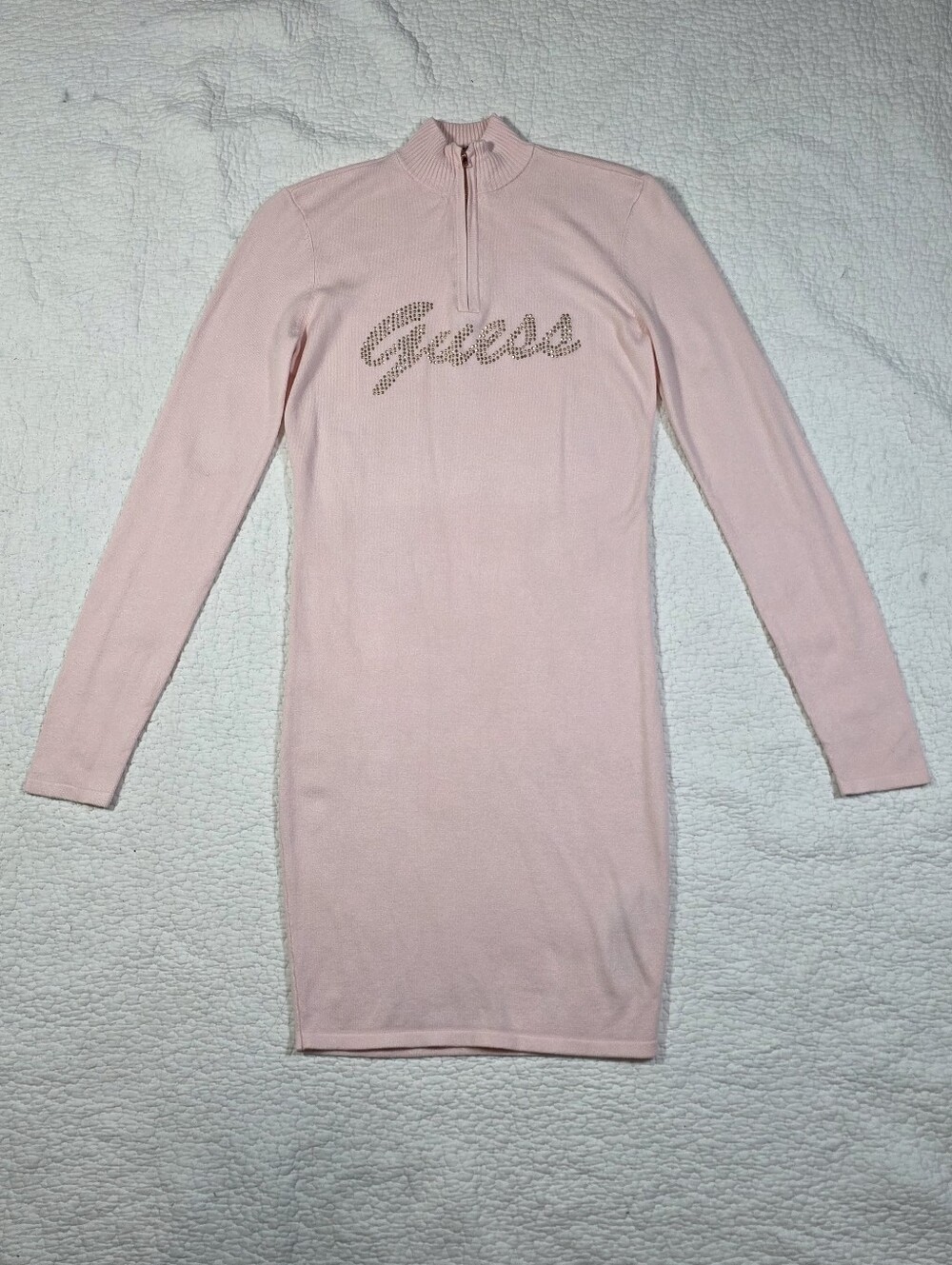 GUESS Light Pink Rhinestones Logo Longsleeve Sweater Dress